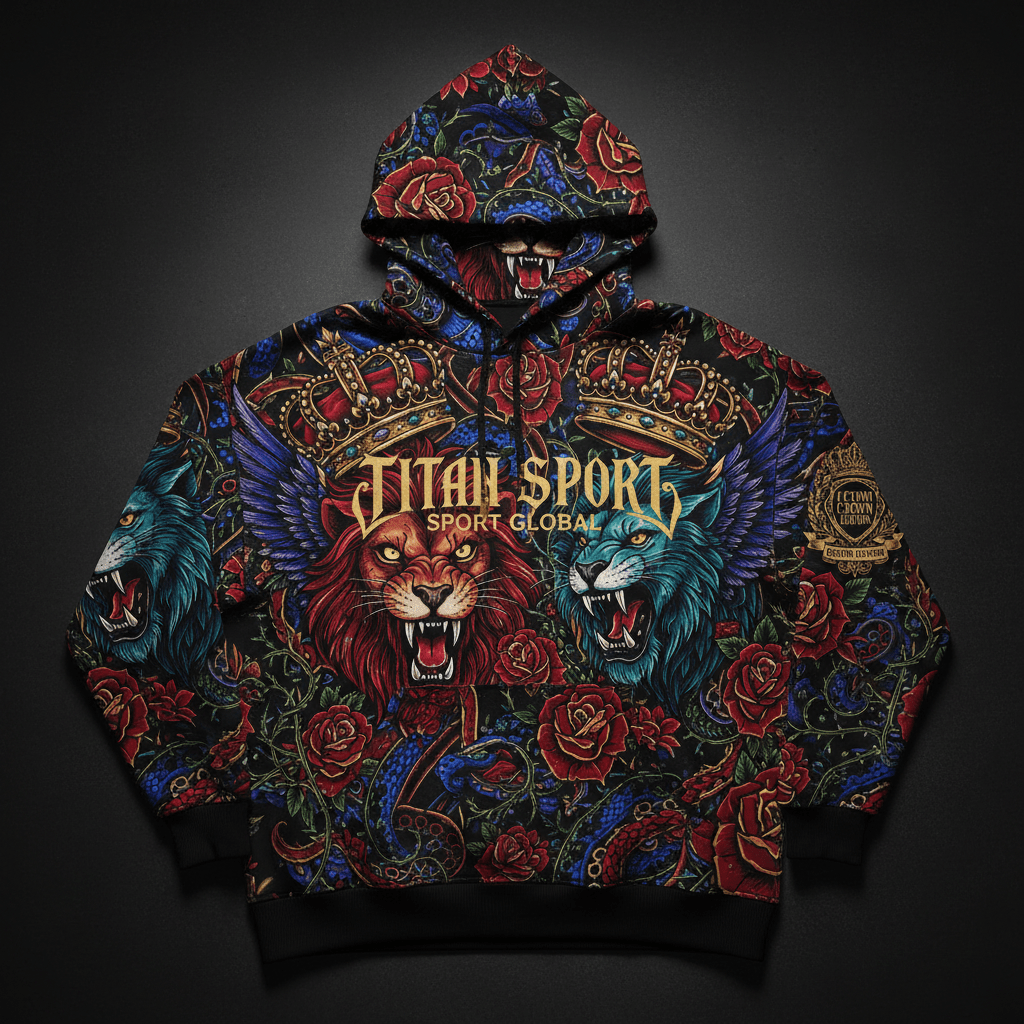 Black hoodie with all-over print of red roses, blue snakes, crowns, and roaring lion heads with "TITAN SPORT" logo.