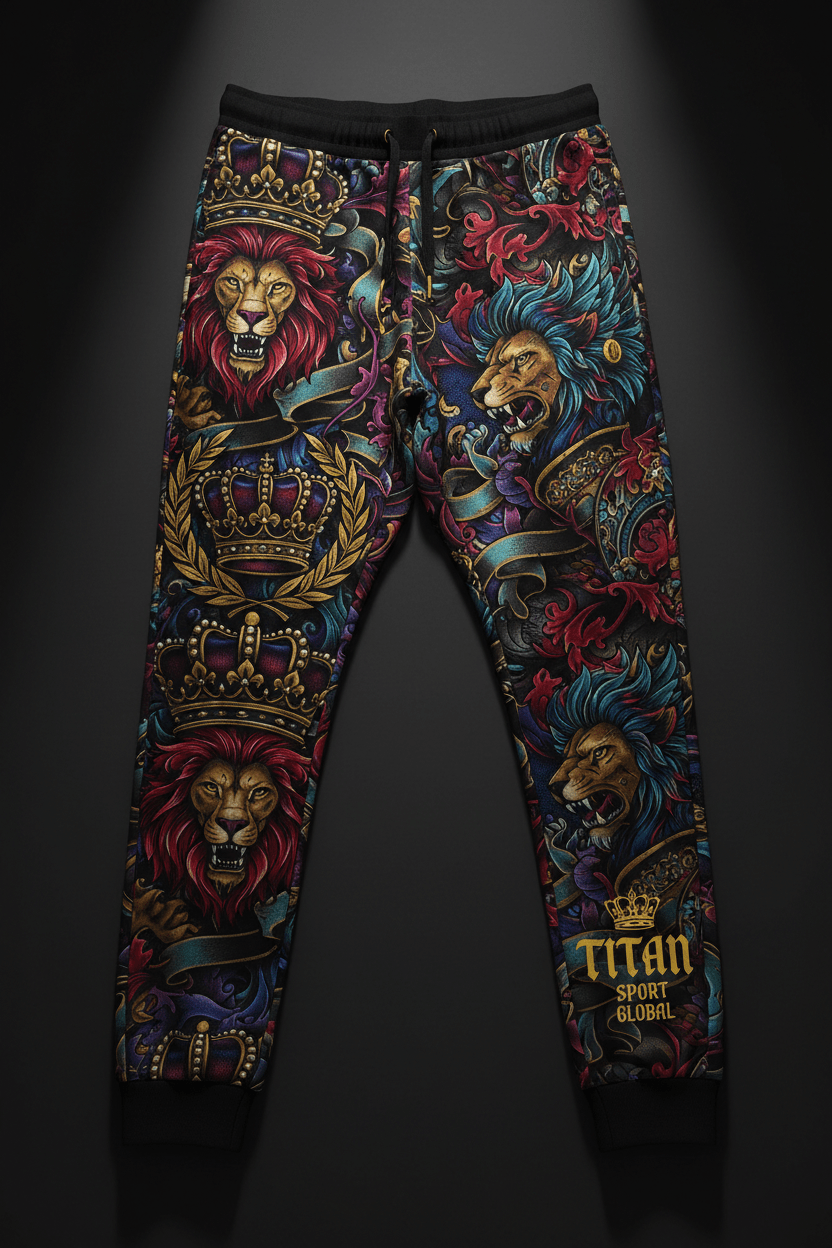 Black joggers with vibrant all-over print of lions, gold crowns, and ornate flourishes, featuring Titan Sport Global logo.