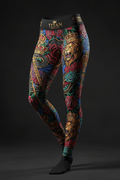 Titan Sport leggings with lion, crown, and rose all-over print on black, featuring a gold branded waistband.