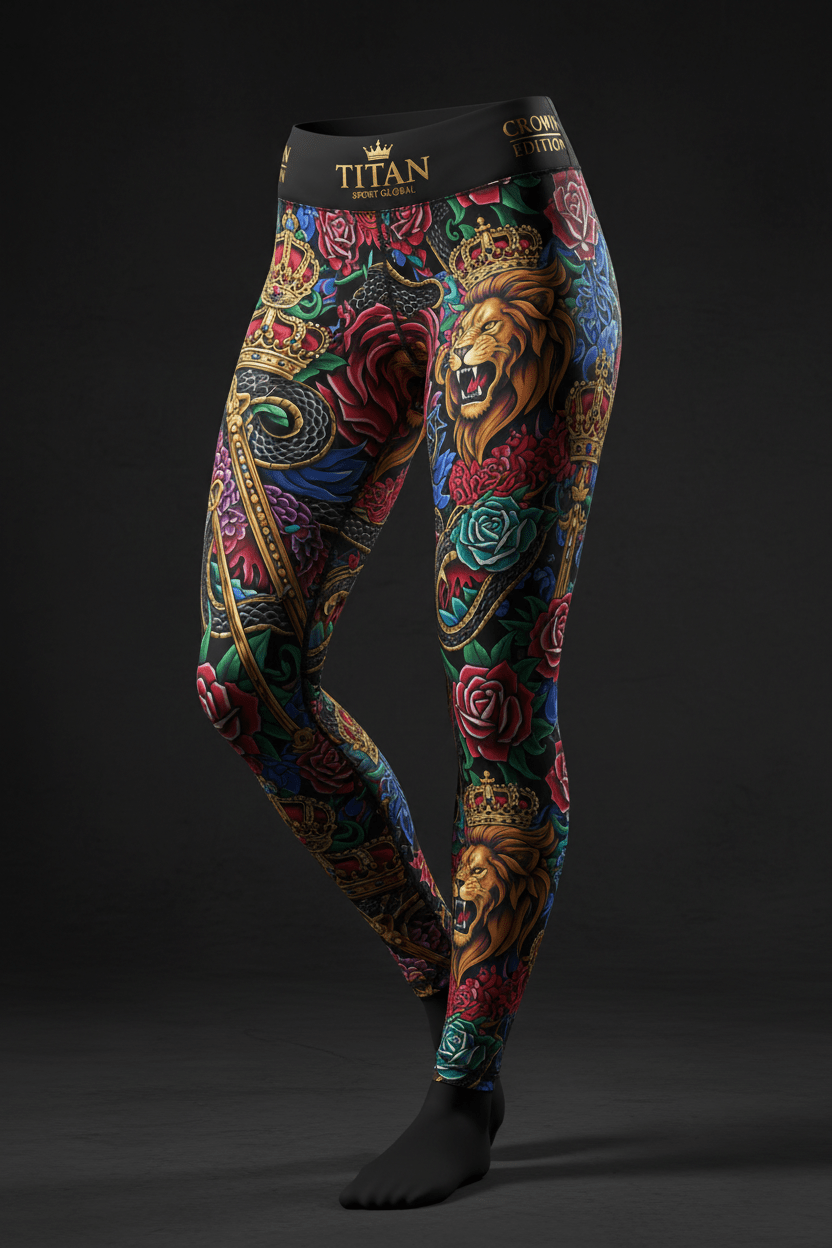 Titan Sport leggings with lion, crown, and rose all-over print on black, featuring a gold branded waistband.