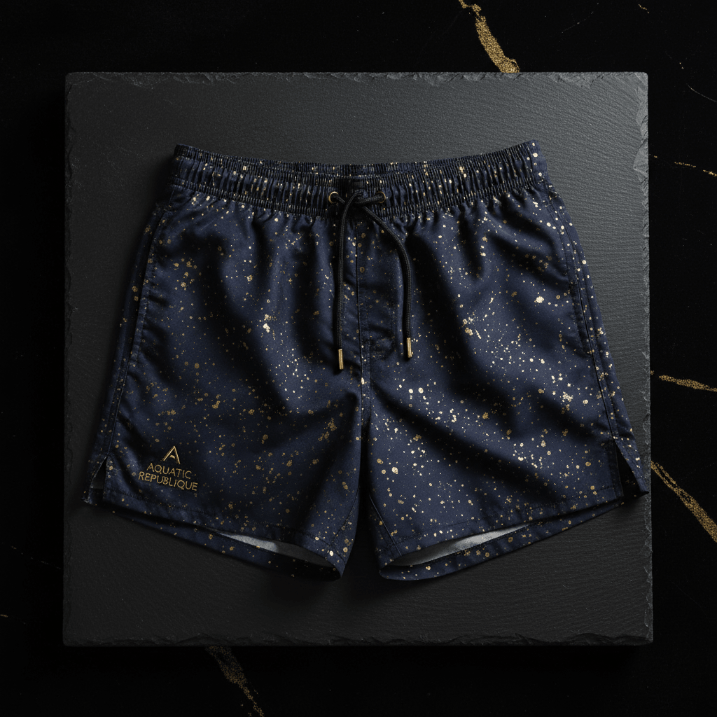 Navy swim shorts with gold paint splatter print, elastic drawstring waist, and gold Aquatic Republique logo on hem.