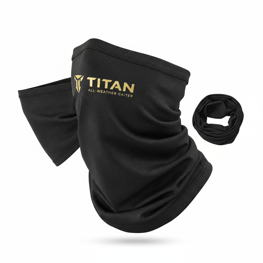 Black TITAN all-weather gaiter with subtle hexagonal pattern and gold TITAN logo branding.
