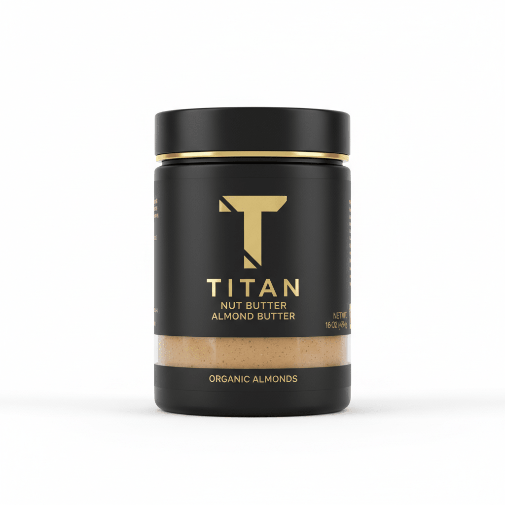 Black jar with gold TITAN logo, Almond Butter label, and a visible clear window showing textured tan nut butter.