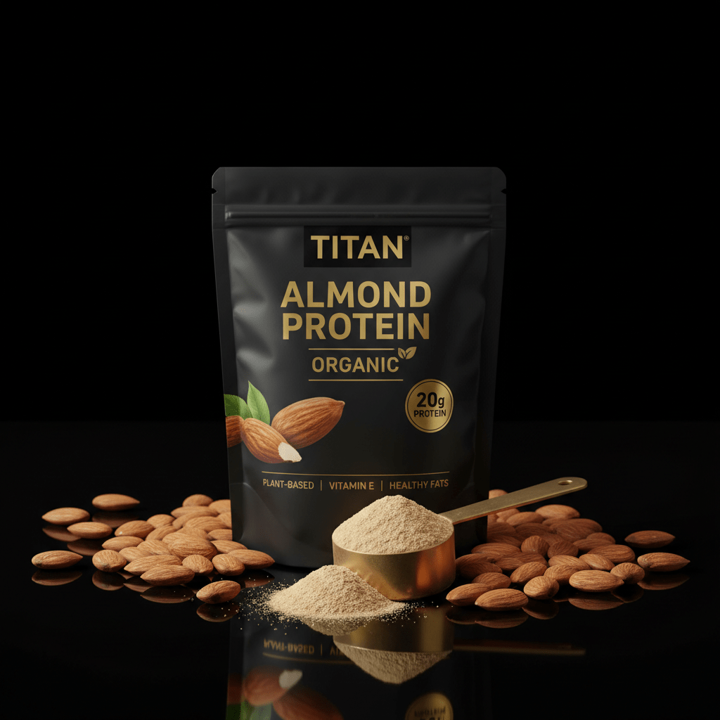 Black pouch of TITAN organic almond protein with gold text, scoop of tan powder, and scattered almonds on black surface.