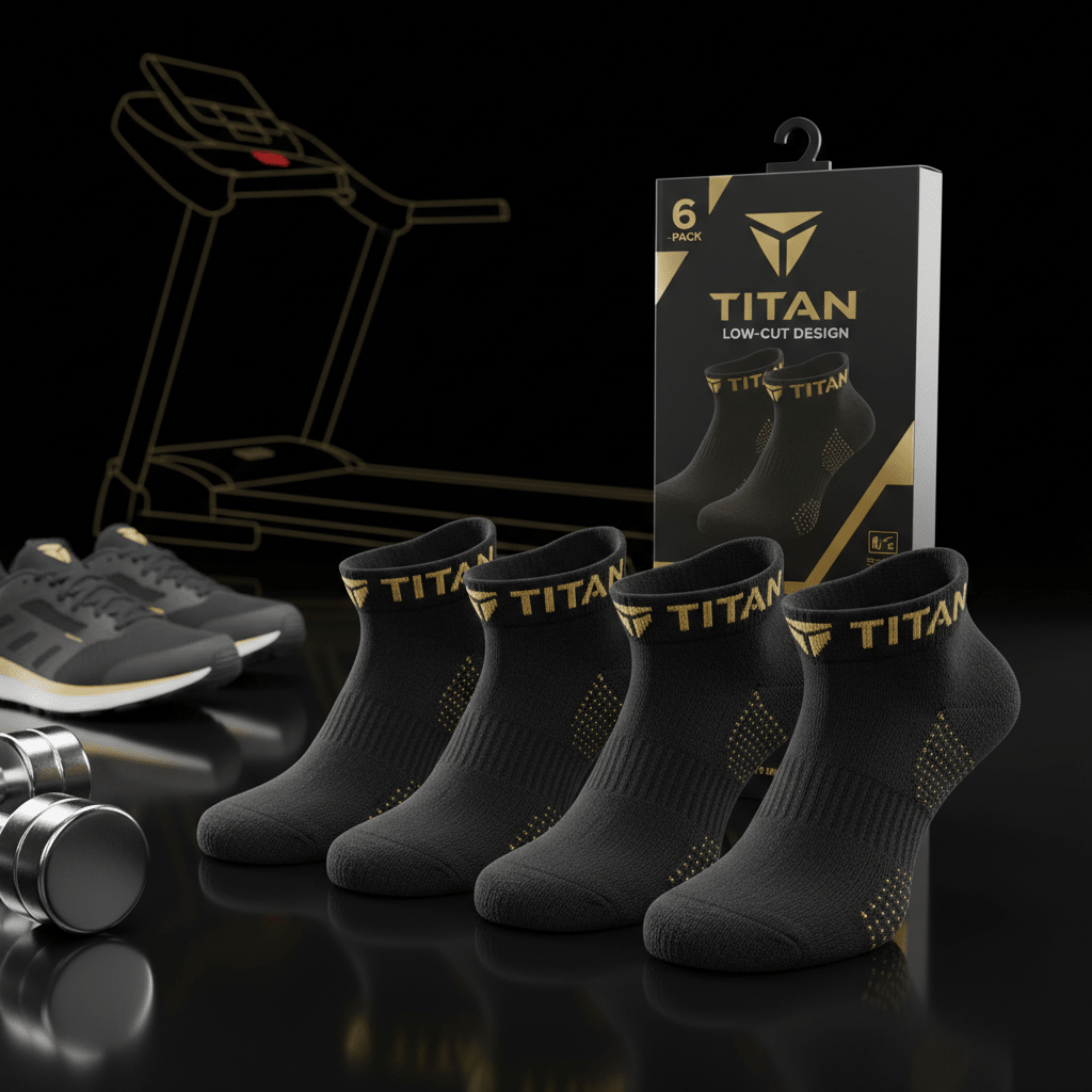 TITAN 6-pack low-cut black ankle socks with gold logo branding and textured detailing, displayed in packaging.