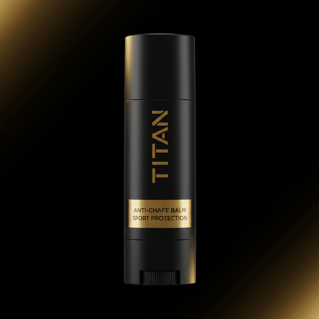 Matte black TITAN anti-chafe balm stick with gold lettering and branding on a dark, moody background.