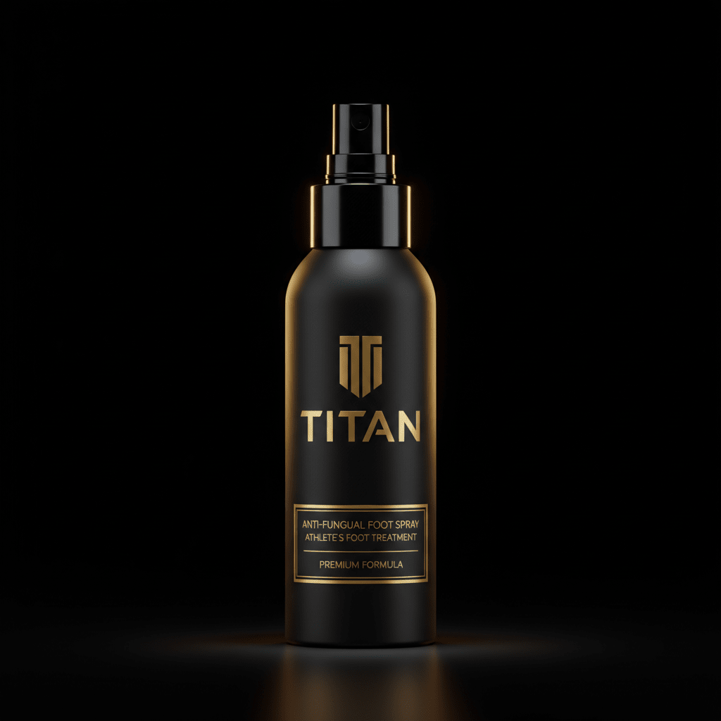 Matte black spray bottle with gold "TITAN" logo and text label on a dark background. Premium, minimalist aesthetic.