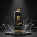 Black and gold TITAN Sport body wash bottle with spartan logo, surrounded by water splash on a slate pedestal.