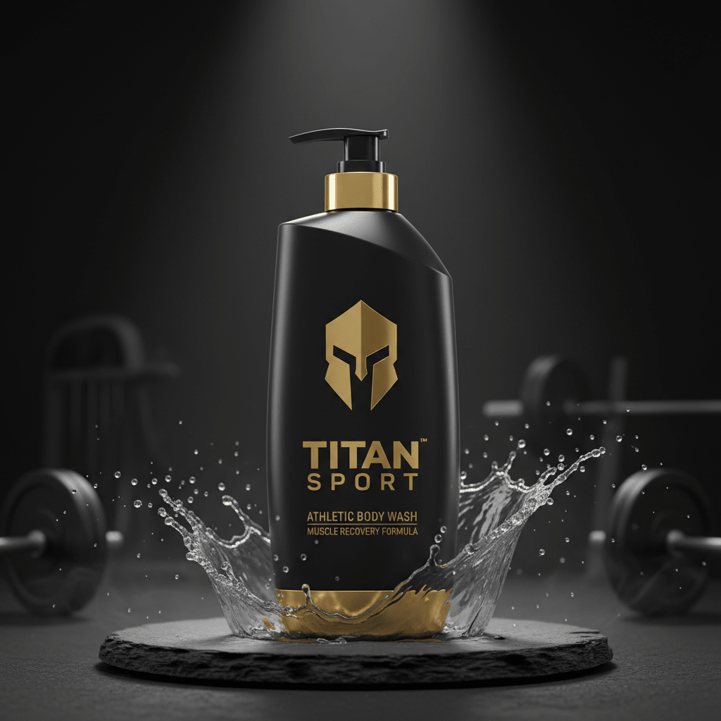 Black and gold TITAN Sport body wash bottle with spartan logo, surrounded by water splash on a slate pedestal.