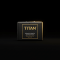 Black TITAN antibacterial soap bar with gold text, water droplets, and minimalist branding on a black background.