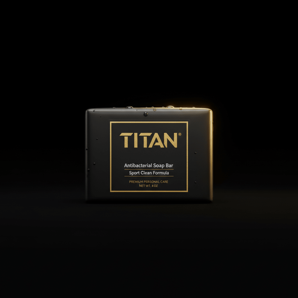 Black TITAN antibacterial soap bar with gold text, water droplets, and minimalist branding on a black background.