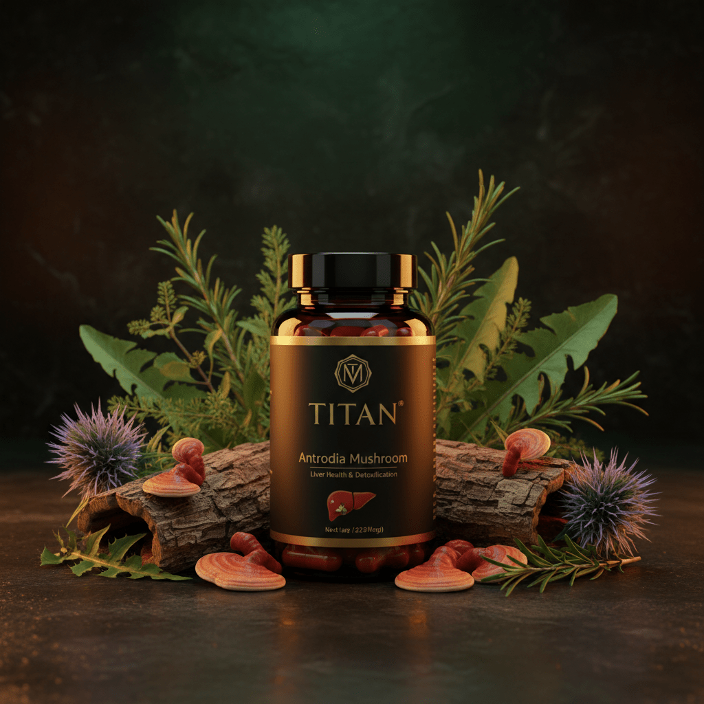 TITAN Antrodia Mushroom bottle with black label, liver icon, surrounded by mushrooms, bark, and herbs on dark ground.