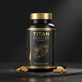 TITAN Antrodia Mushroom supplement bottle in black and gold with a liver and mushroom graphic on a slate surface.