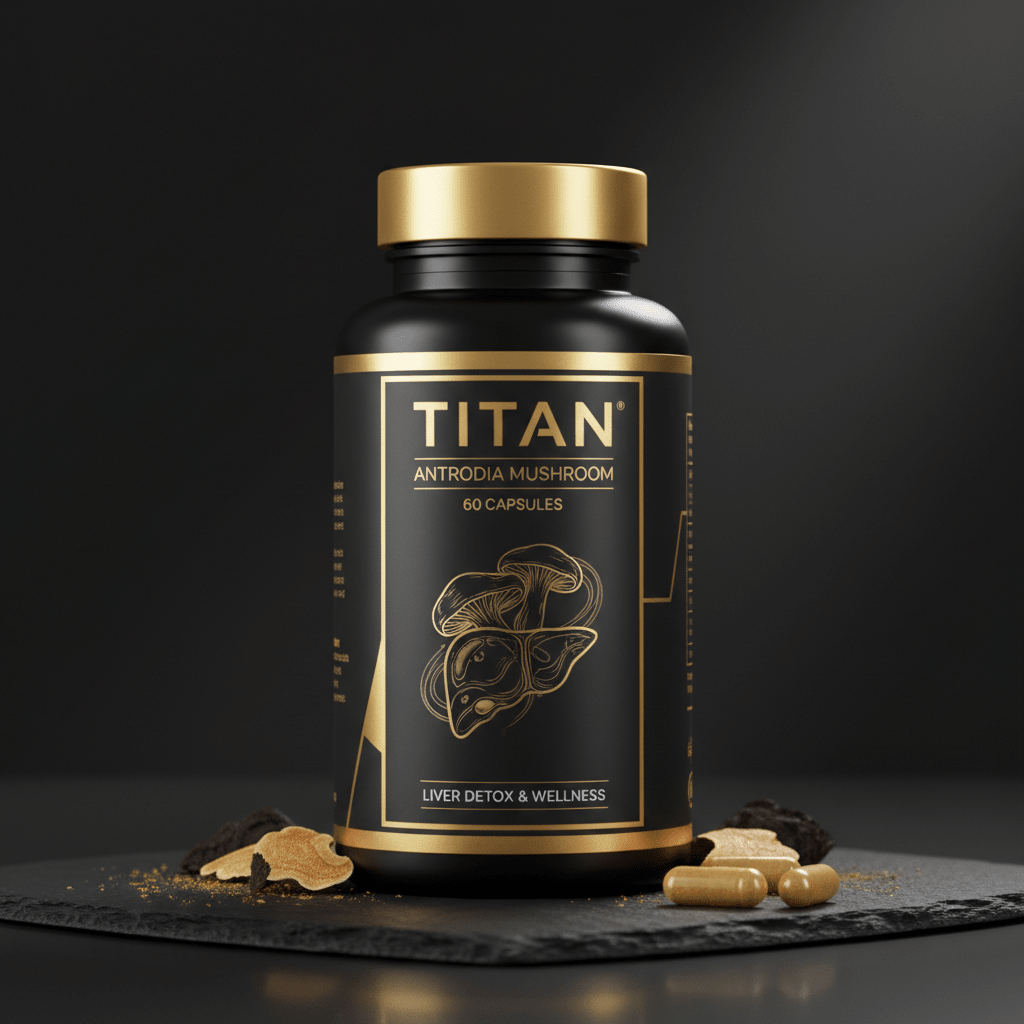 TITAN Antrodia Mushroom supplement bottle in black and gold with a liver and mushroom graphic on a slate surface.