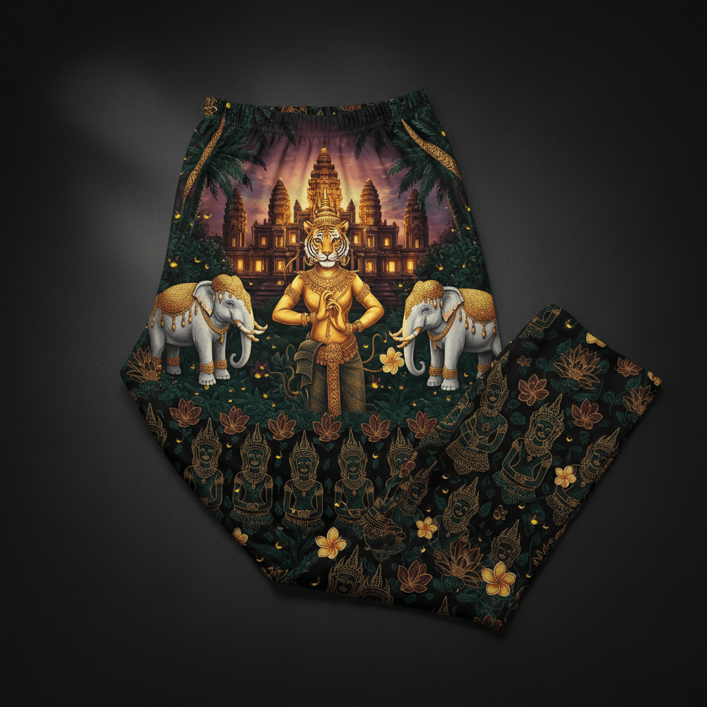 Titan lounge pants with golden tiger goddess, temple, and elephants over black fabric with Apsara and floral print.