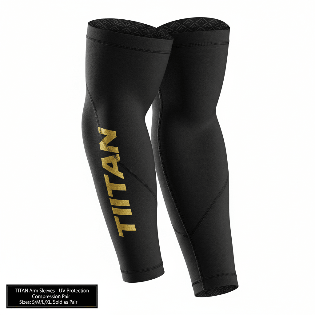 Pair of black compression arm sleeves with vertical metallic gold TITAN branding and geometric seam detailing.
