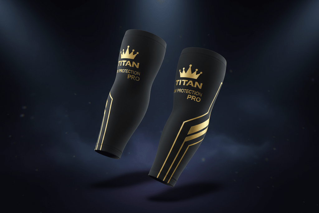 Black TITAN UV Protection Pro arm sleeves with gold crown logo and graphic stripes against a dark spotlight background.