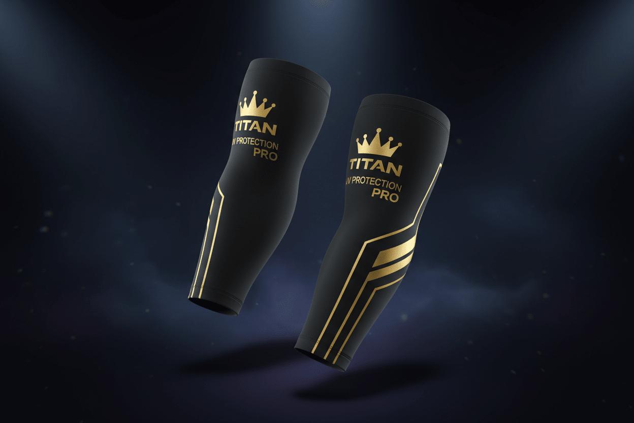 Black TITAN UV Protection Pro arm sleeves with gold crown logo and graphic stripes against a dark spotlight background.