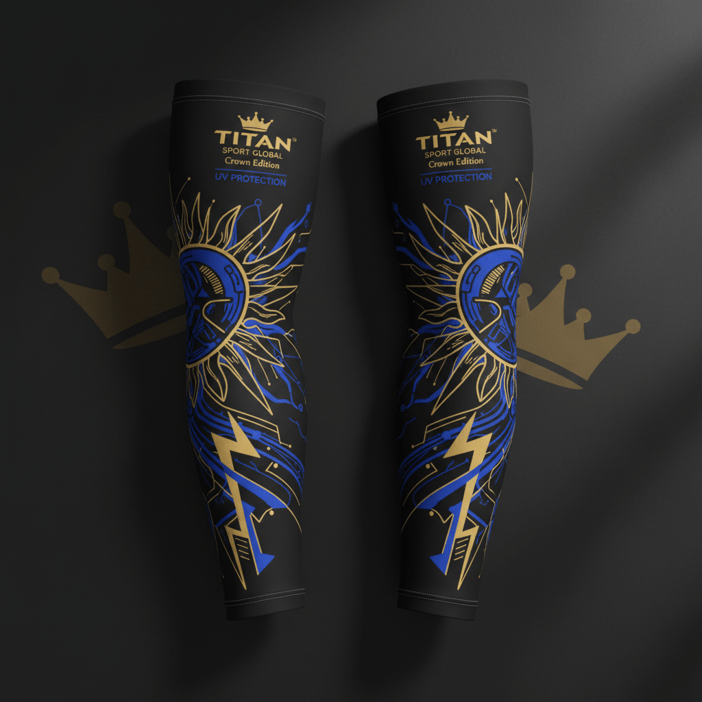 Black Titan compression arm sleeves with gold crown logo, sun graphic, and blue lightning bolt accents.