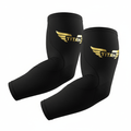 Pair of black Titan compression arm sleeves with a gold winged logo, featuring textured elbow-joint detailing.