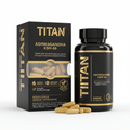 TITAN Ashwagandha KSM-66 supplement bottle and box in black and gold packaging with visible tan capsules.