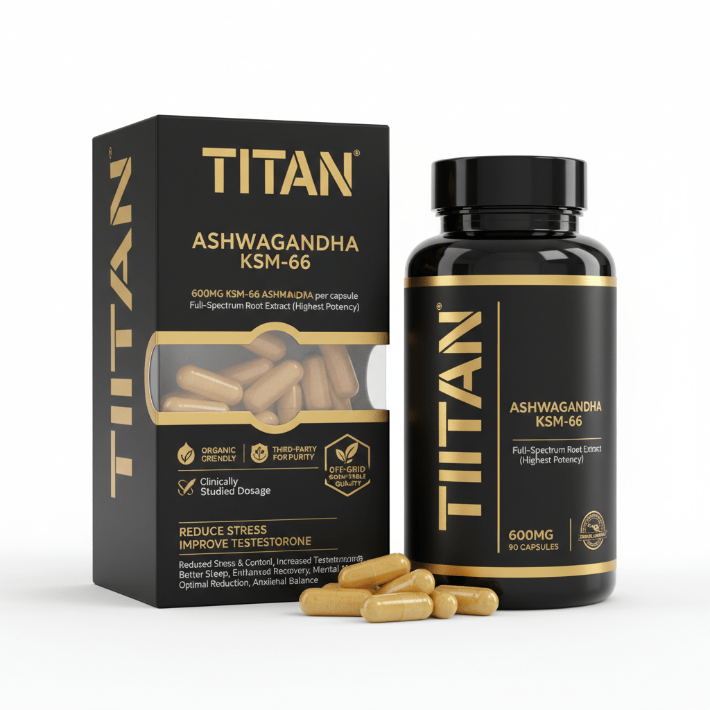 TITAN Ashwagandha KSM-66 supplement bottle and box in black and gold packaging with visible tan capsules.