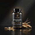 Black bottle of Titan Ashwagandha KSM-66 with gold text, plant roots, and capsules on a black reflective surface.