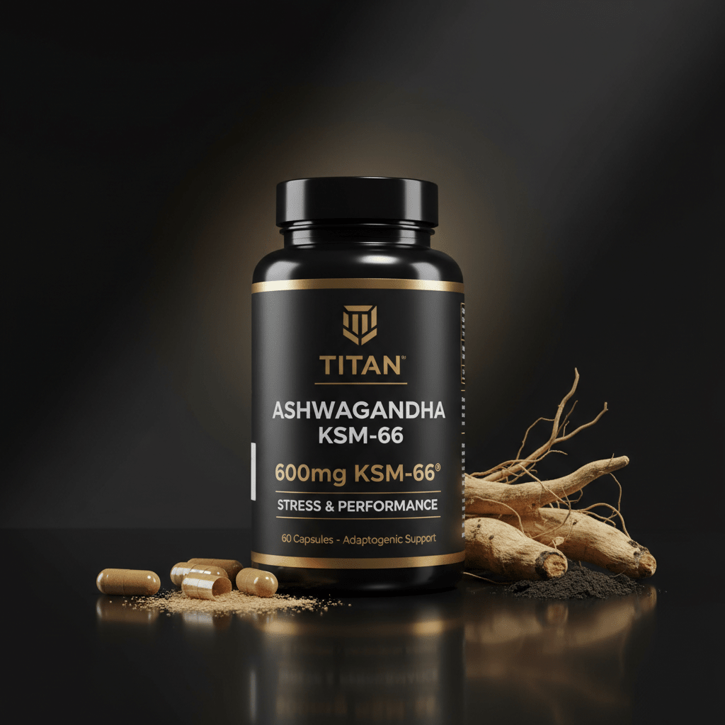 Black bottle of Titan Ashwagandha KSM-66 with gold text, plant roots, and capsules on a black reflective surface.