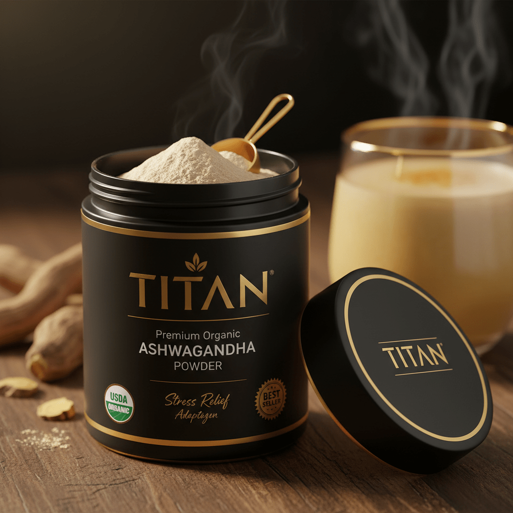 Black jar of TITAN Organic Ashwagandha powder with gold lettering, a scoop, and a steaming drink on wood background.
