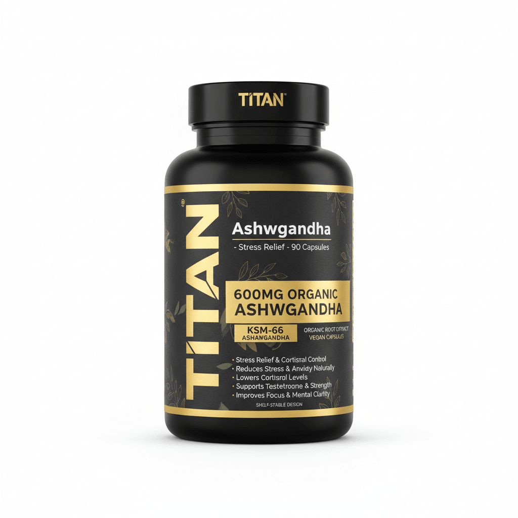 Black bottle of TITAN Ashwagandha capsules with a matte black label, gold leaf accents, and bold gold text.