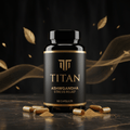 Black Titan Ashwagandha bottle with gold lettering and logo, surrounded by powder and capsules on a marble surface.