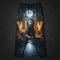 Black lounge pants featuring an Assyrian lion and lamassu, full moon, starry sky, and river, in gold and blue tones.