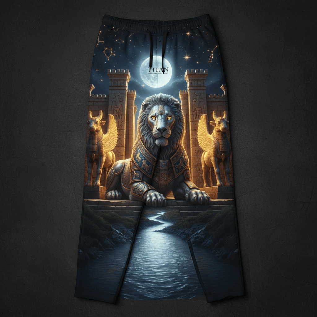 Black lounge pants featuring an Assyrian lion and lamassu, full moon, starry sky, and river, in gold and blue tones.