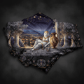 Black lounge pants featuring a crowned owl in Greek robes, an ancient amphora, marble columns, and a city skyline.