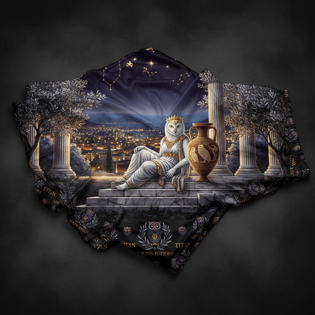 Black lounge pants featuring a crowned owl in Greek robes, an ancient amphora, marble columns, and a city skyline.
