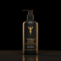 Black matte pump bottle with gold logo and text, water droplets on surface, against a dark background.