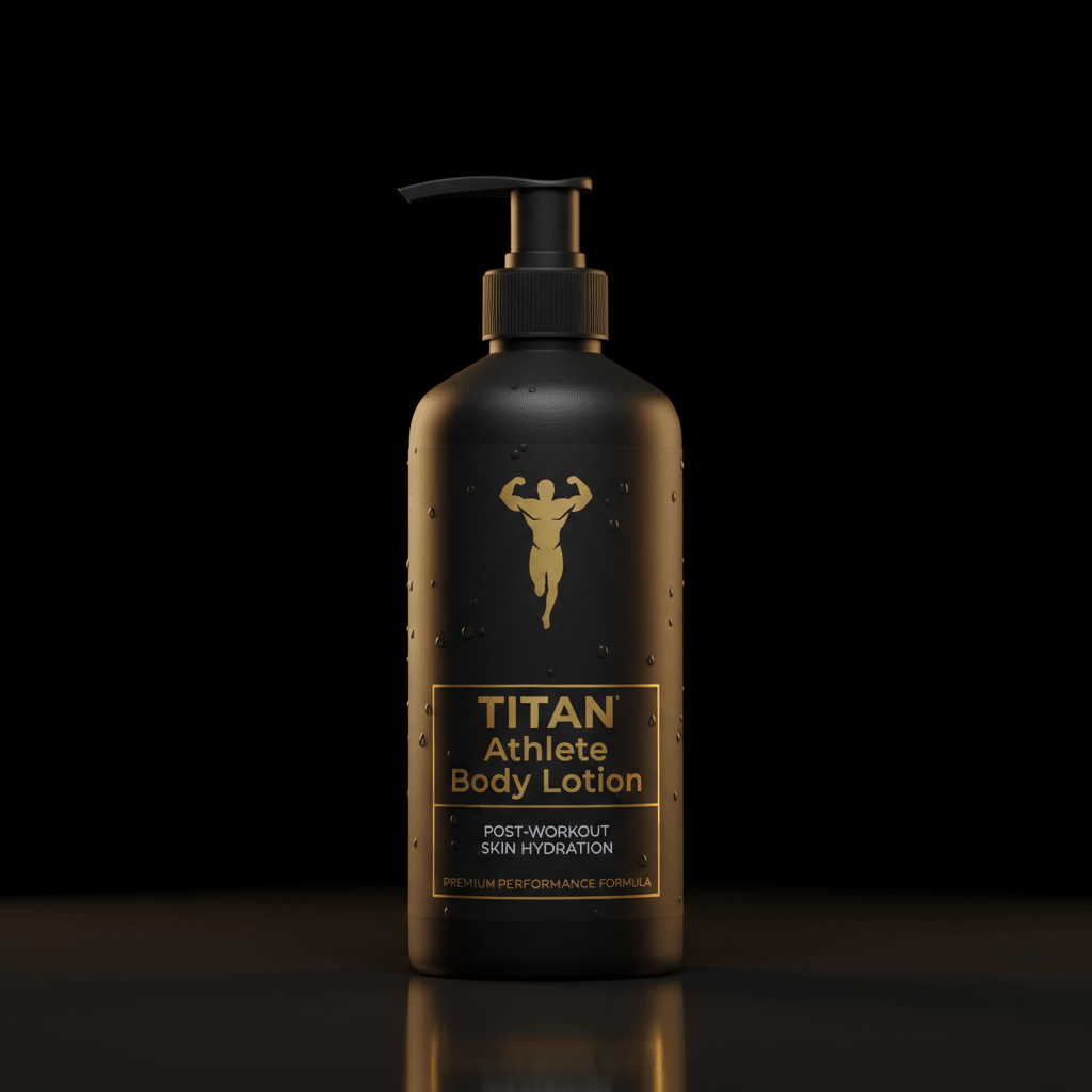 Black matte pump bottle with gold logo and text, water droplets on surface, against a dark background.