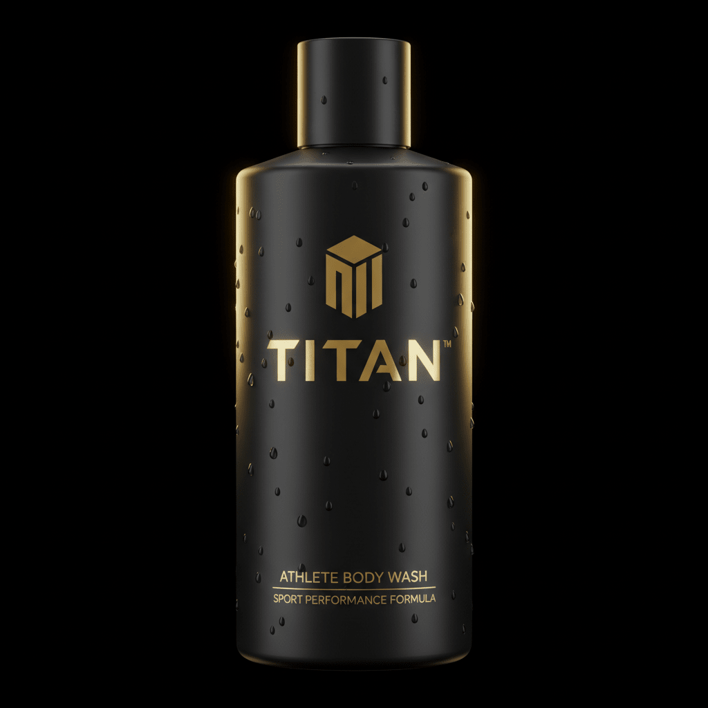 Matte black TITAN athlete body wash bottle with gold branding and water droplets against a black background.