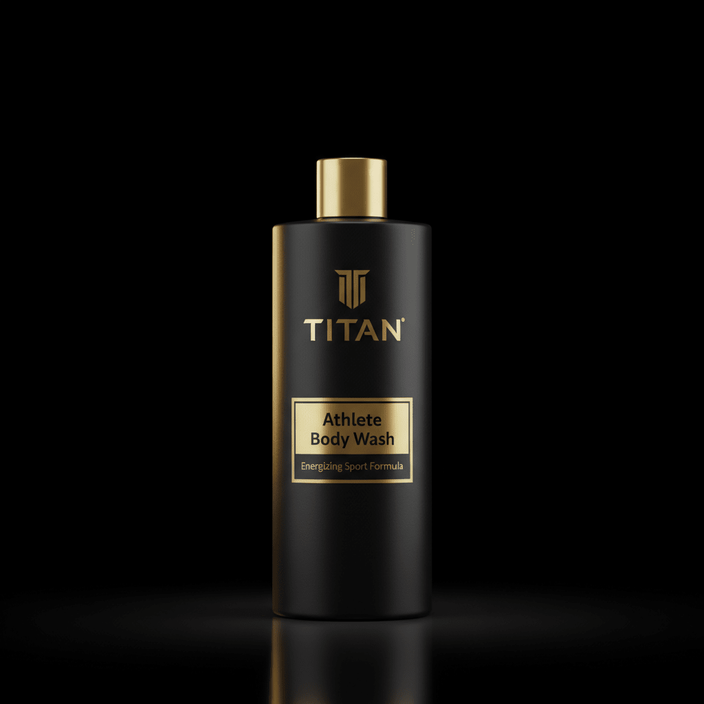 Matte black Titan Athlete Body Wash bottle with gold cap and logo, centered on a reflective black background.