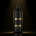 Matte black TITAN Athlete Conditioner bottle with gold logo and text, displayed on a reflective surface with gold dust.