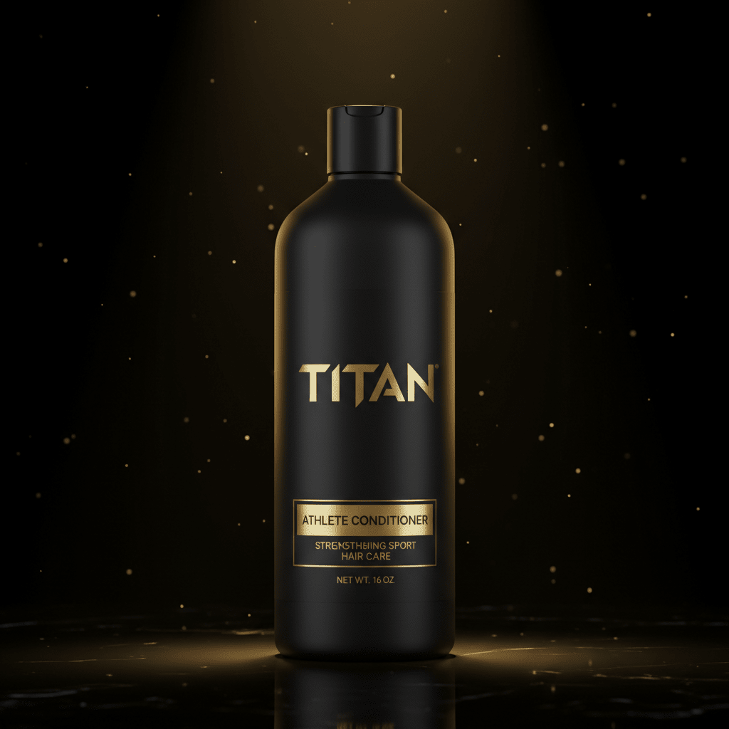 Matte black TITAN Athlete Conditioner bottle with gold logo and text, displayed on a reflective surface with gold dust.