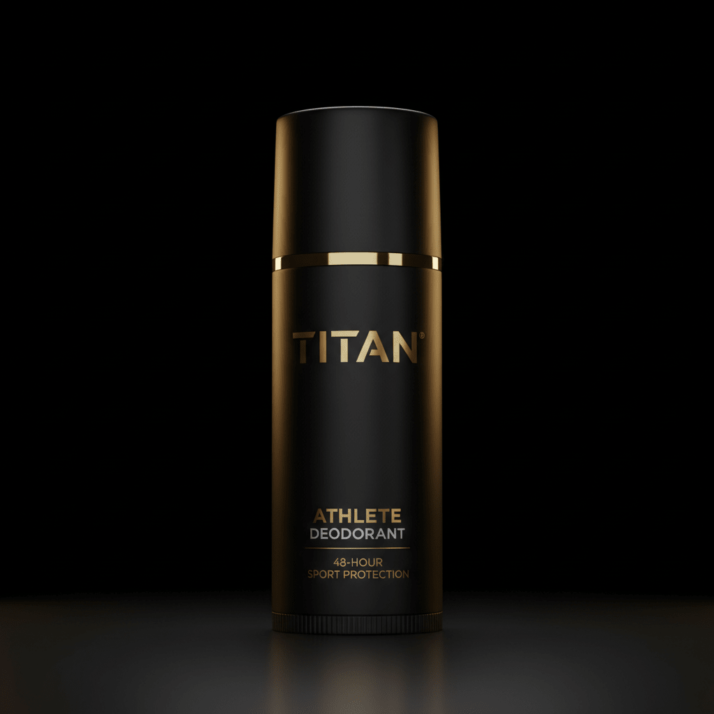 Matte black Titan Athlete deodorant stick with gold branding and "48-hour sport protection" text on a black background.
