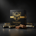 Black and gold 12-pack of TITAN Athlete Energy Protein Bars with individually wrapped bars and a cut, chunky bar.