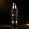 Matte black pump bottle of TITAN Athlete Face Moisturizer with gold accents and water droplets, set against black.