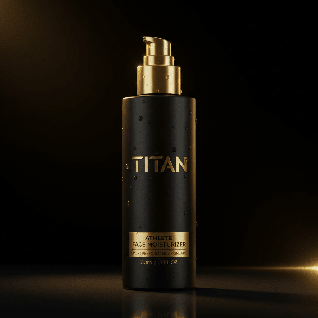 Matte black pump bottle of TITAN Athlete Face Moisturizer with gold accents and water droplets, set against black.