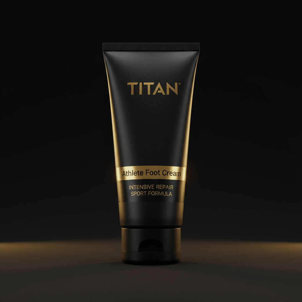 Black squeeze tube of TITAN Athlete Foot Cream with gold text and a gold band against a dark background.