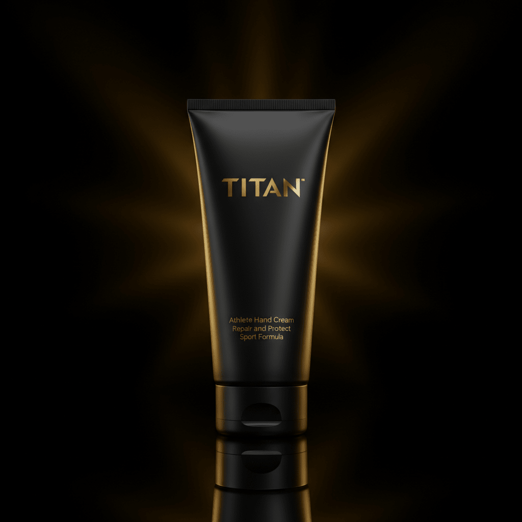 Matte black tube of Titan Athlete Hand Cream with gold logo and text, centered against a dark, glowing radial light.