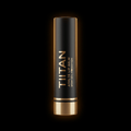 Matte black TITAN Athlete Lip Balm tube with gold lettering and a metallic gold base, isolated on black background.