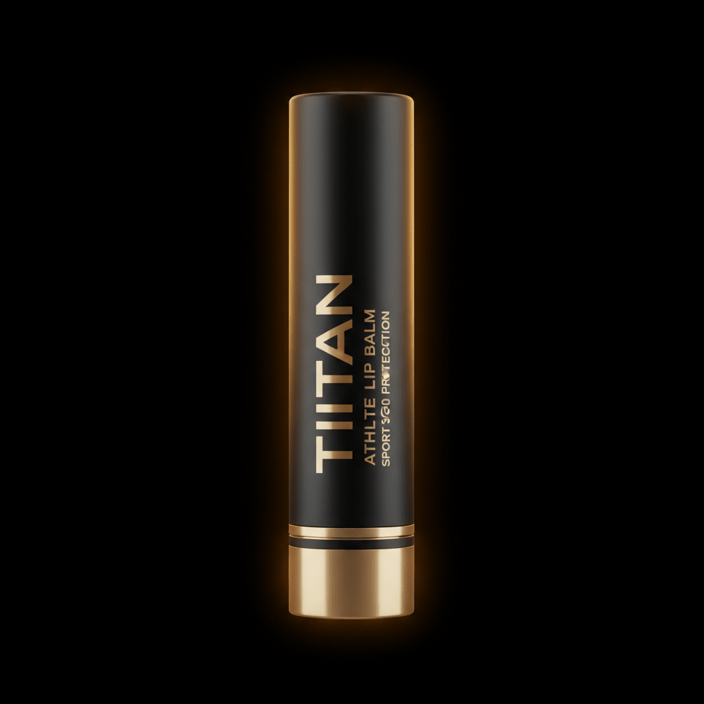 Matte black TITAN Athlete Lip Balm tube with gold lettering and a metallic gold base, isolated on black background.