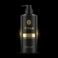 Matte black pump bottle with gold logo and text: TITAN Athlete Shampoo, Sport Scalp and Hair Care, isolated on black.